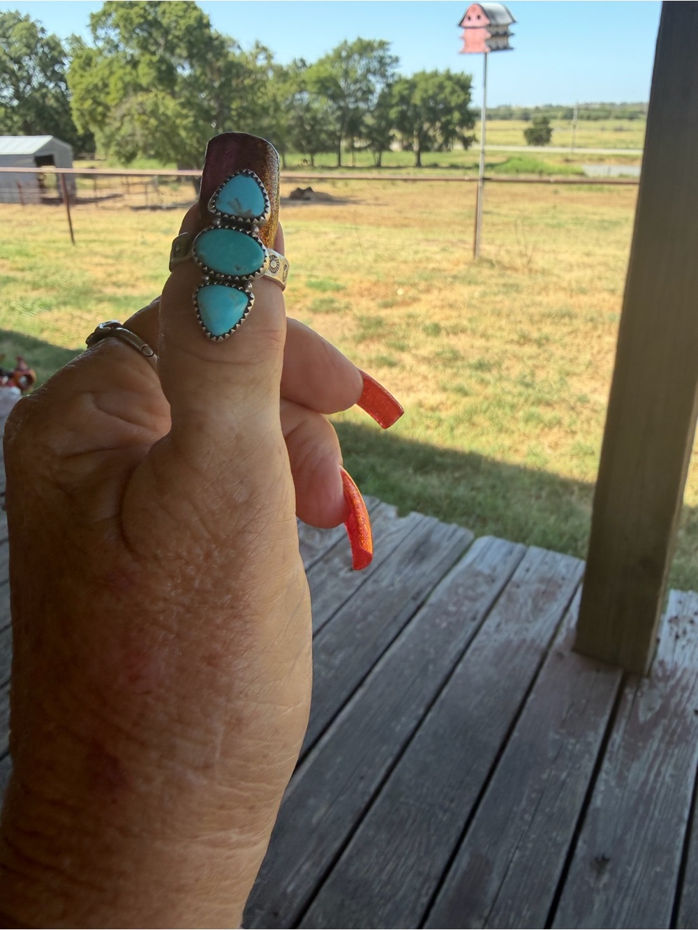 Kingman Turquoise Triple Stone Sterling Silver Ring - adjustable